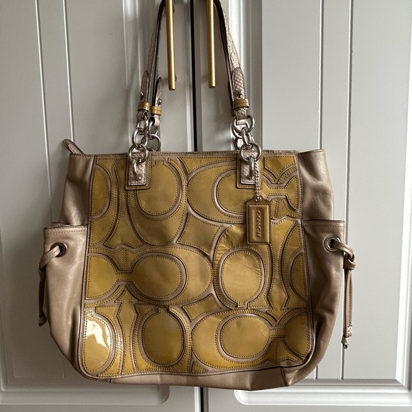 Coach Taupe and Yellow Patent Signature Tote - Picture 5 of 12